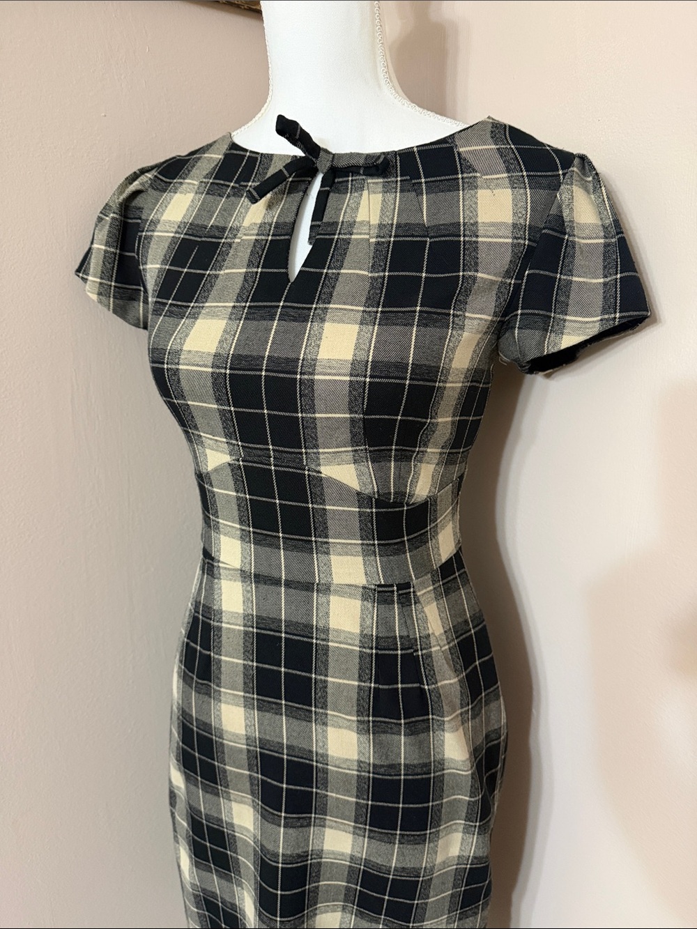 Stop Staring Vintage Retro Pinup Black & Cream Plaid Midi Dress